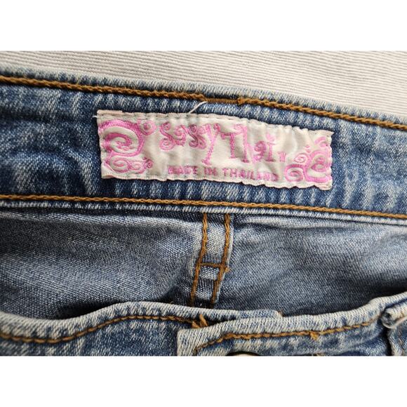Sassy Thai Jeans Womens Embellished Beads Flowers Rhinestones Mid Rise 10 Flare - Picture 3 of 14